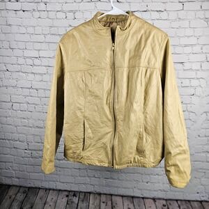 Paradox Womens 20W Tan Beige Genuine Leather Cafe Racer Jacket Mock Neck Zip Up